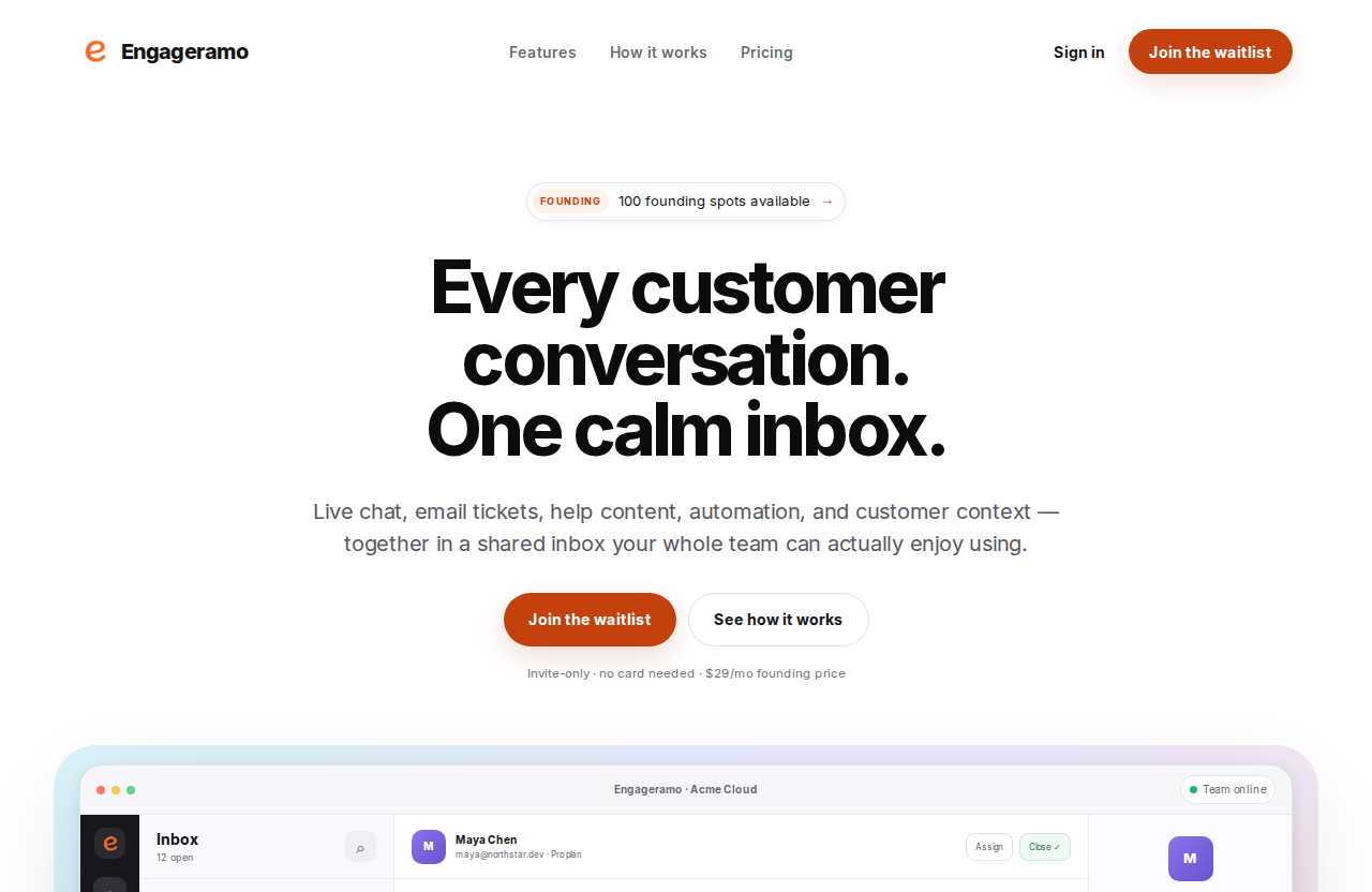 Engageramo — customer support homepage with a shared inbox workspace preview.