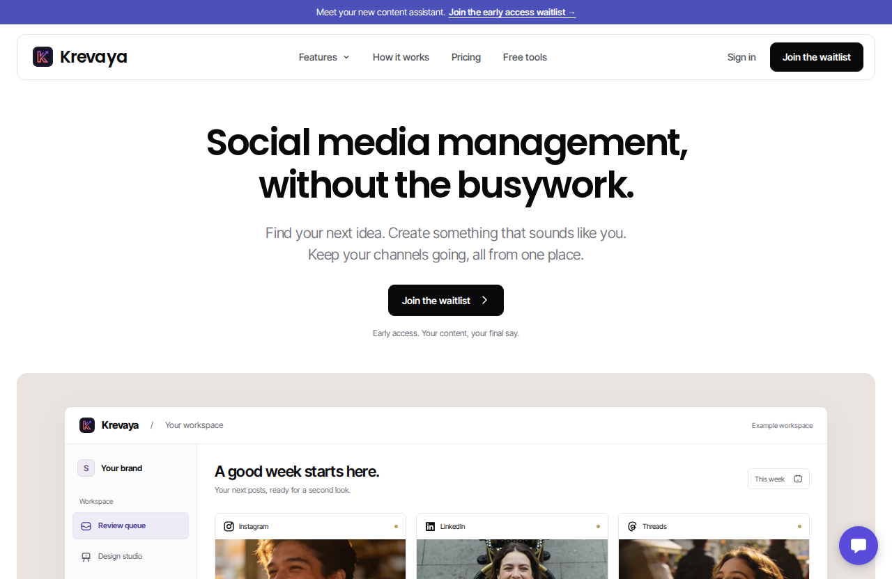 Krevaya — social media management homepage with a content review workspace.