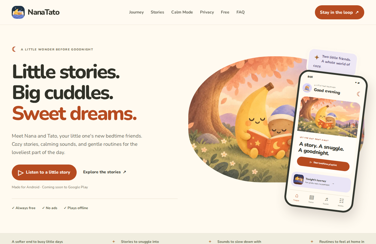 NanaTato — bedtime stories homepage with Nana and Tato reading together and a mobile app preview.