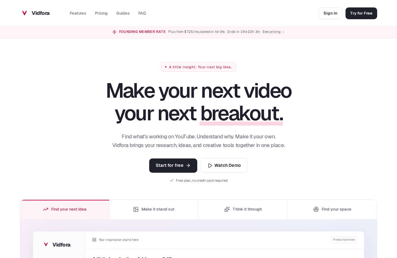 Vidfora — YouTube creator research homepage with a product workspace preview.